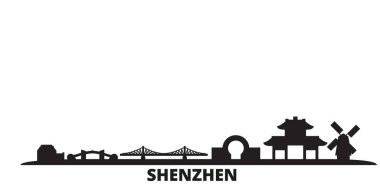 Çin, Shenzhen şehri silueti izole edilmiş vektör çizimi. Çin ve Shenzhen siyah şehirleri gezer.