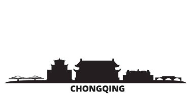 Çin, Chongqing şehri silueti izole edilmiş vektör çizimi. Çin ve Chongqing siyah şehirleri gezer.