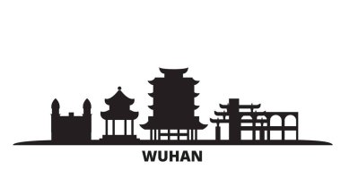 Çin, Wuhan şehri silueti izole edilmiş vektör çizimi. Çin ve Wuhan siyah şehirlere seyahat eder.