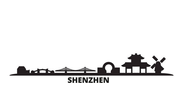 China, Shenzhen city skyline isolated vector illustration. China, Shenzhen travel black cityscape