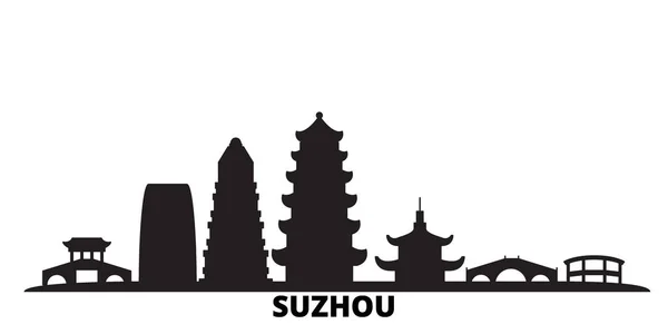 Κίνα, Suzhou πόλη ορίζοντα απομονωμένη διανυσματική απεικόνιση. Κίνα, Suzhou ταξίδια μαύρο αστικό τοπίο — Διανυσματικό Αρχείο