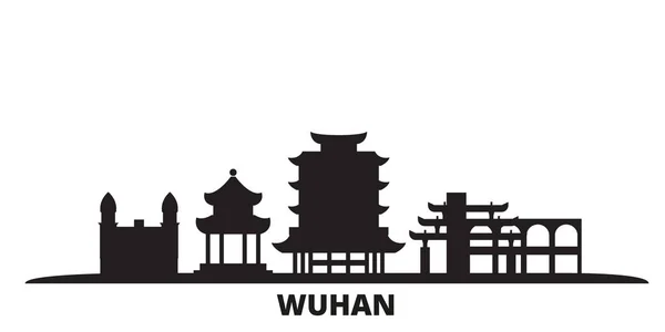 China, ciudad de Wuhan skyline ilustración vectorial aislado. China, Wuhan viaje negro paisaje urbano — Vector de stock