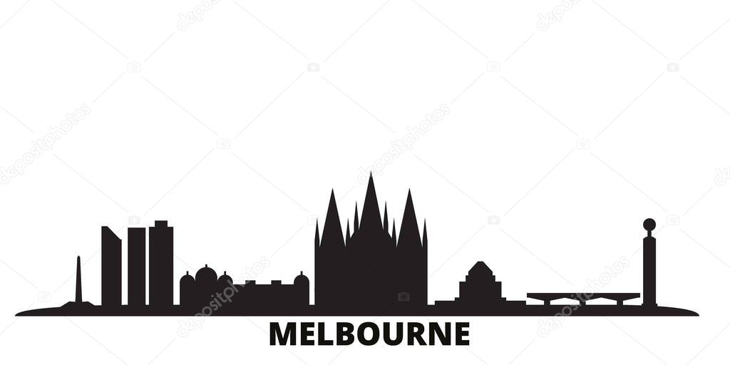 Australia, Melbourne city skyline isolated vector illustration. Australia, Melbourne travel black cityscape