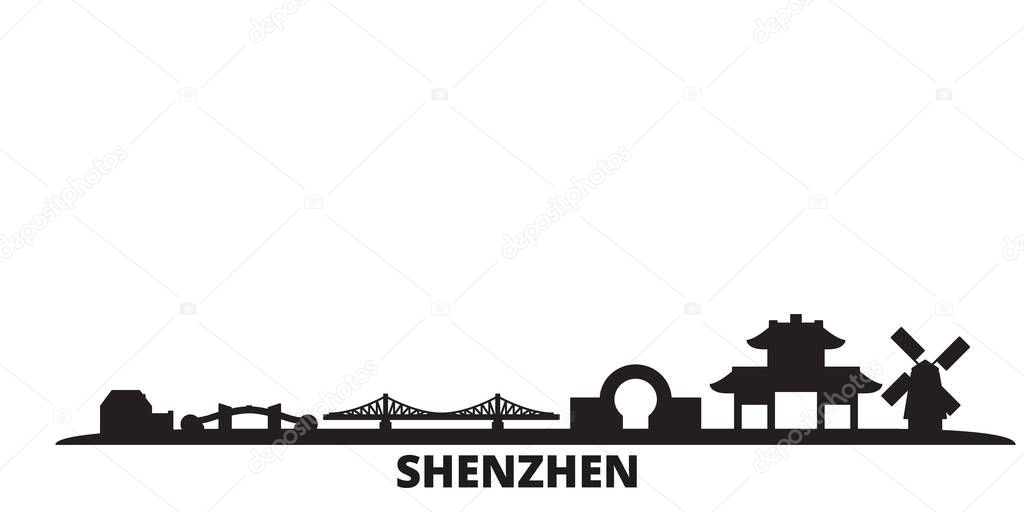 China, Shenzhen city skyline isolated vector illustration. China, Shenzhen travel black cityscape