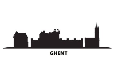 Belçika, Gent şehri silueti izole edilmiş vektör çizimi. Belçika, Gent siyah şehir manzarası ile seyahat eder