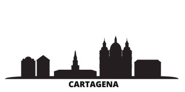 Kolombiya, Cartagena şehrinin silueti izole edilmiş vektör çizimi. Kolombiya, Kartagena siyah şehir manzarası