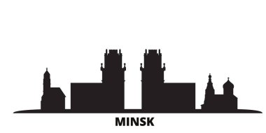 Belarus, Minsk şehrinin ufuk çizgisi izole vektör çizimi. Belarus ve Minsk siyah şehir manzarası ile seyahat eder