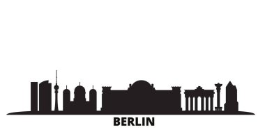 Almanya, Berlin silueti izole edilmiş vektör çizimi. Almanya ve Berlin siyah şehir manzarası ile seyahat ediyor