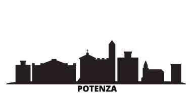 İtalya, Potenza şehri silueti izole edilmiş vektör çizimi. İtalya ve Potenza siyah şehir manzarası ile seyahat ediyor