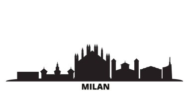İtalya, Milan şehir silueti izole edilmiş vektör çizimi. İtalya ve Milan siyah şehir manzarası ile seyahat ediyor