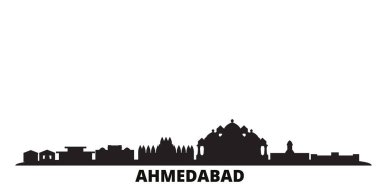 Hindistan, Ahmedabad şehri silueti izole edilmiş vektör çizimi. Hindistan ve Ahmedabad siyah şehir manzarası ile seyahat ediyor