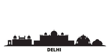 Hindistan, Delhi şehir silueti izole vektör çizimi. Hindistan ve Delhi siyah şehir manzarası ile seyahat ediyor