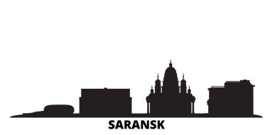 Rusya, Saransk şehri silueti izole edilmiş vektör çizimi. Rusya ve Saransk siyah şehir manzarası ile seyahat ediyor