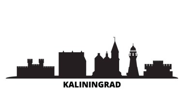 Rusya, Kaliningrad City silueti izole edilmiş vektör çizimi. Rusya ve Kalininingrad Şehri siyah şehir manzarası ile seyahat ediyor