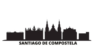 İspanya, Santiago De Compostela şehir silueti izole vektör çizimi. İspanya, Santiago De Compostela siyah şehir manzarası