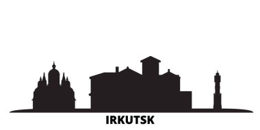 Rusya, Irkutsk şehri silueti izole edilmiş vektör çizimi. Rusya ve Irkutsk siyah şehir manzarası ile seyahat ediyor