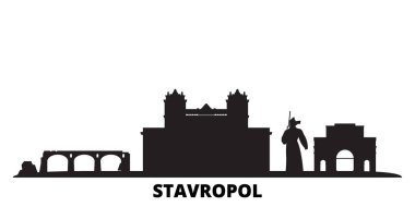 Rusya, Stavropol şehri silueti izole edilmiş vektör çizimi. Rusya ve Stavropol siyah şehir manzarası ile seyahat ediyor