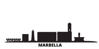 İspanya, Marbella şehri silueti izole edilmiş vektör çizimi. İspanya ve Marbella siyah şehir manzarası ile seyahat ediyor