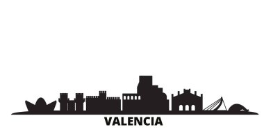 İspanya, Valencia şehir silueti izole vektör çizimi. İspanya ve Valencia siyah şehir manzarası ile seyahat ediyor