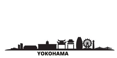Japonya, Yokohama şehri silueti izole edilmiş vektör çizimi. Japonya ve Yokohama siyah şehir manzarası ile seyahat ederler.