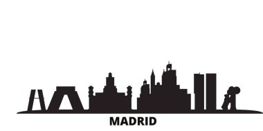 İspanya, Madrid Şehri silueti izole edilmiş vektör çizimi. İspanya ve Madrid Şehri siyah şehir manzarası ile seyahat ediyor