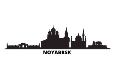Rusya, Noyabrsk şehri silueti izole edilmiş vektör çizimi. Rusya ve Noyabrsk siyah şehir manzarası ile seyahat ediyor