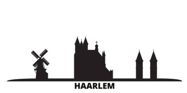Hollanda, Haarlem şehri silueti izole edilmiş vektör çizimi. Hollanda, Haarlem siyah şehir manzarası ile seyahat ediyor