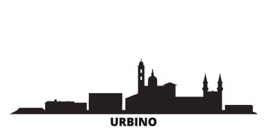 İtalya, Urbino şehrinin silueti izole edilmiş vektör çizimi. İtalya ve Urbino siyah şehir manzarası ile seyahat ediyor