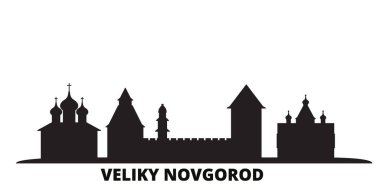 Rusya, Veliki Novgorod şehri silueti izole edilmiş vektör çizimi. Rusya ve Veliki Novgorod siyah şehir manzarası ile seyahat ediyorlar