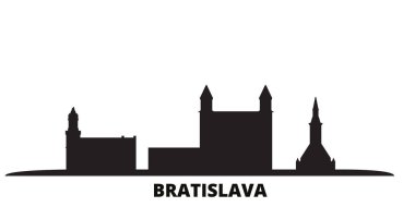 Slovakya, Bratislava şehri silueti izole edilmiş vektör çizimi. Slovakya ve Bratislava siyah şehir manzarası ile seyahat ediyor