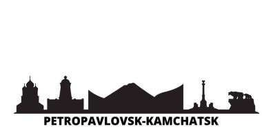 Rusya, Petropavlovsk Kamçatsk şehri silueti izole edilmiş vektör çizimi. Rusya ve Petropavlovsk Kamçatsk siyah şehir manzarası
