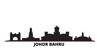Malezya, Johor Bahru şehri silueti izole edilmiş vektör çizimi. Malezya ve Johor Bahru siyah şehir manzarasında seyahat ederler