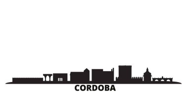 İspanya, Cordoba şehri silueti izole edilmiş vektör çizimi. İspanya ve Cordoba siyah şehir manzarası ile seyahat ediyor