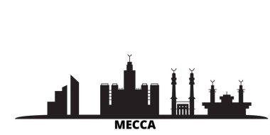 Suudi Arabistan, Mekke şehrinin silueti izole edilmiş vektör çizimi. Suudi Arabistan, Mekke siyah şehir manzarası