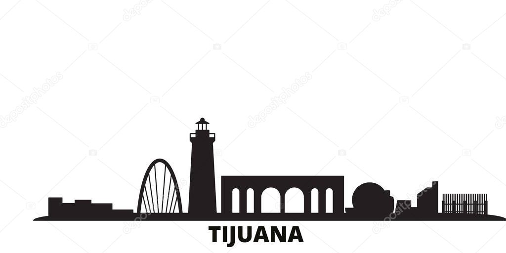 Mexico, Tijuana city skyline isolated vector illustration. Mexico, Tijuana travel cityscape with landmarks