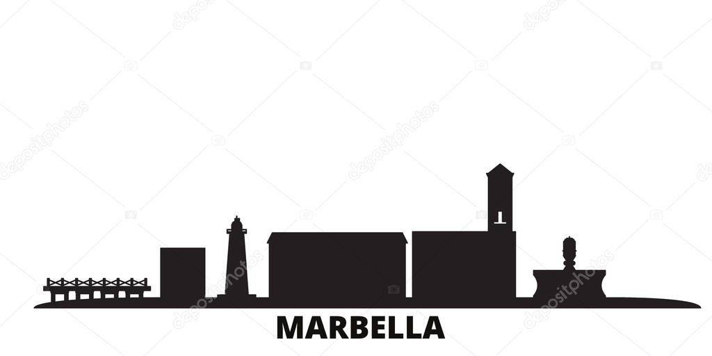 Spain, Marbella city skyline isolated vector illustration. Spain, Marbella travel black cityscape