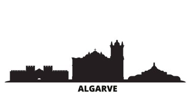 Portekiz, Algarve şehri silueti izole edilmiş vektör çizimi. Portekiz, Algarve seyahat siyah şehir manzarası