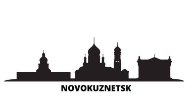 Rusya, Novokuznetsk şehri silueti izole edilmiş vektör çizimi. Rusya ve Novokuznetsk siyah şehir manzarası ile seyahat ediyor