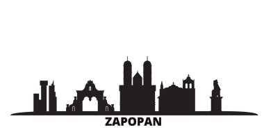 Meksika, Zapopan şehri silueti izole edilmiş vektör çizimi. Meksika ve Zapopan siyah şehir manzarası ile seyahat ediyor