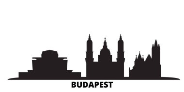Macaristan, Budapeşte Şehri silueti izole edilmiş vektör çizimi. Macaristan ve Budapeşte Şehri siyah şehir manzarası ile seyahat ediyor