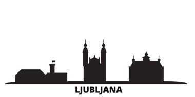 Slovenya ve Ljubljana şehir silueti izole edilmiş vektör çizimi. Slovenya ve Ljubljana siyah şehir manzarasında seyahat ediyorlar