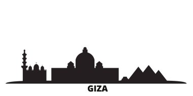 Mısır, Giza şehri silueti izole edilmiş vektör çizimi. Mısır ve Giza siyah şehir manzarası ile seyahat ediyor