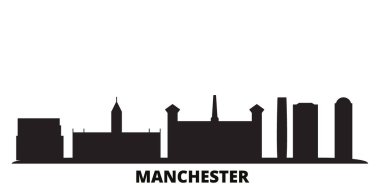 Birleşik Devletler, Manchester şehri silueti izole edilmiş vektör çizimi. Birleşik Devletler ve Manchester siyah şehir manzarası ile seyahat ediyor