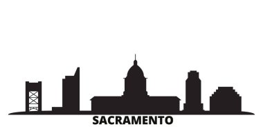 Amerika Birleşik Devletleri, Sacramento şehri silueti izole edilmiş vektör çizimi. ABD ve Sacramento siyah şehir manzarası ile seyahat ediyor