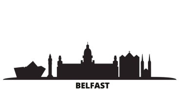 Birleşik Krallık, Belfast şehir silueti izole vektör çizimi. Birleşik Krallık ve Belfast siyah şehir manzarası ile seyahat ediyor