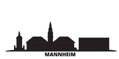 Almanya, Mannheim şehri silueti izole edilmiş vektör çizimi. Almanya ve Mannheim siyah şehir manzarası ile seyahat ediyor