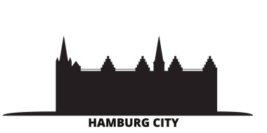Almanya, Hamburg City silueti izole vektör çizimi. Almanya ve Hamburg Şehri siyah şehir manzarası ile seyahat ediyor
