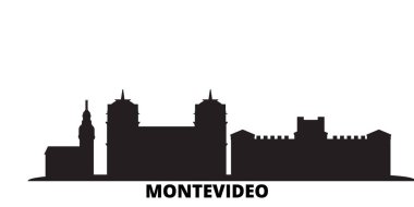 Uruguay, Montevideo şehrinin silueti izole edilmiş vektör çizimi. Uruguay ve Montevideo siyah şehirlere seyahat eder