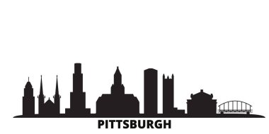 Birleşik Devletler, Pittsburgh şehrinin ufuk çizgisi izole edilmiş vektör çizimi. Amerika Birleşik Devletleri ve Pittsburgh siyah şehir manzarasıyla seyahat ediyor