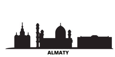 Kazakistan, Almaty şehrinin silueti izole edilmiş vektör çizimi. Kazakistan, Almaty siyah şehir manzarası ile seyahat ediyor